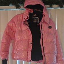 Justice Pink Hooded Puffer Jacket Full Zip Pockets Girls Size M 10