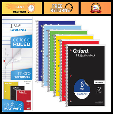 6 Pack College Ruled Spiral Notebooks, 1 Subject, 8''x10.5'', Assorted Colors