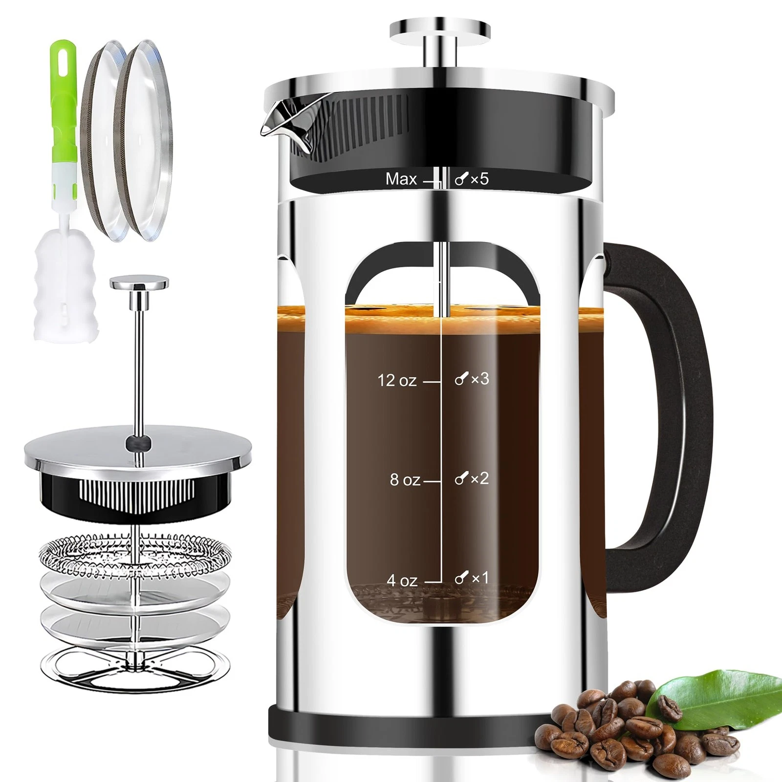 French Press Coffee Maker (21oz 600ML 3-4Cup) Coffee Press, with 4 System, Th...