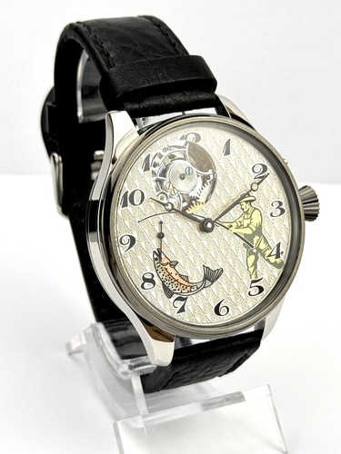 Open Heart Watch Wristwatch Handmade Vintage Movement Custom Silver Dial Fishing - Picture 3 of 20