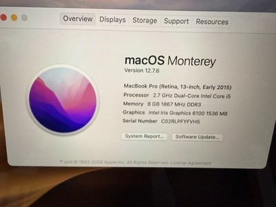 MacBook Pro A1502 Early 2015 - 8GB 128GB Monterey