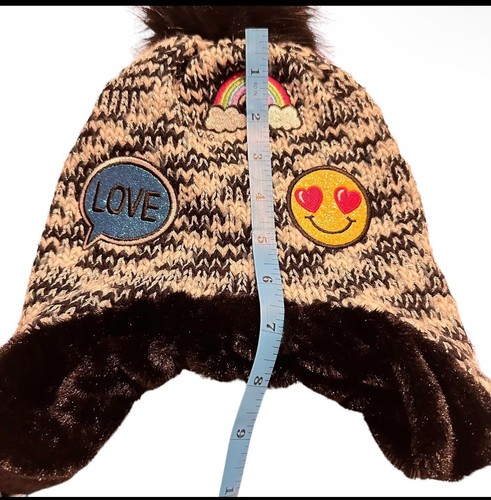 Chunky Knit Emoji Tassled Beanie Black & White Girls OS Hat - Picture 9 of 9