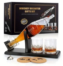 Whiskey Decanter Set, Missile Shaped Decanter Set With 2 Glasses, Wood Stand,