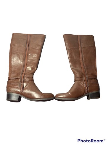 Women's Brown Tall Riding Boots Faux Leather Side Zip(Size 6.5) Buckle by Unisa - Picture 3 of 9