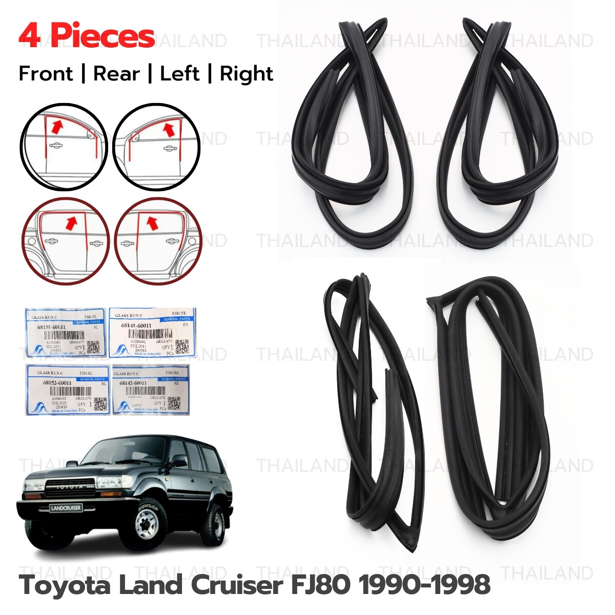 For Toyota Land Cruiser FJ80 FZJ80 1990 - '98 Set 4 Glass Run Window Channel