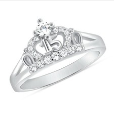 925 Sterling Silver Sweet 15 Quinceanera Crown Cz Ring White Gold Plated