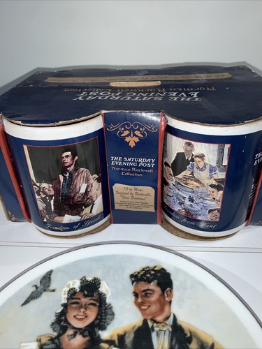 Vintage Norman Rockwell The Saturday Evening Post Box Set 4 Tassen Menge 3 Teller - Bild 2 von 10