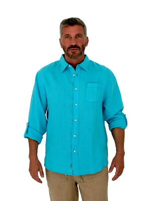 Short Fin Herren 100% Leinen Langarm Button Down Hemd mit Krempelärmeln 