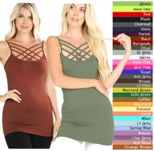 (Zenana) Criss Cross Xtra Strappy Seamless Cami Spaghetti Strap Tank Top Lattice