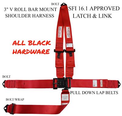 RACERDIRECT USAC APPROVED SFI 16.1 RED RACING HARNESS LATCH&LINK V ROLLBAR MOUNT