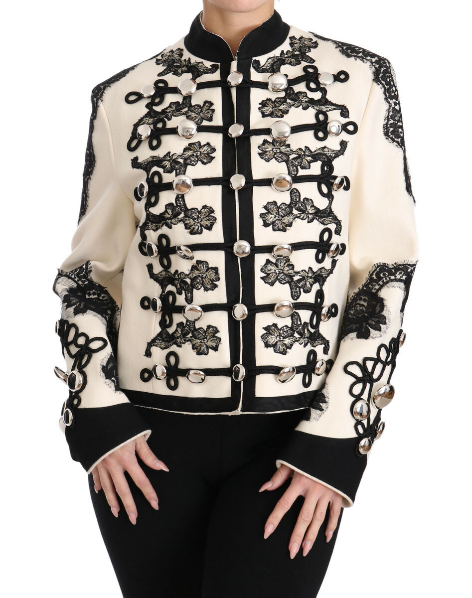 DOLCE & GABBANA Jacket White Wool Black Floral Baroque IT36 DOLCE & GABBANA Jacket White Wool Black Floral Baroque IT36