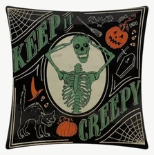 Skeleton Black Cat Vintage Fun Halloween Throw Pillow Cover Holiday Home Decor