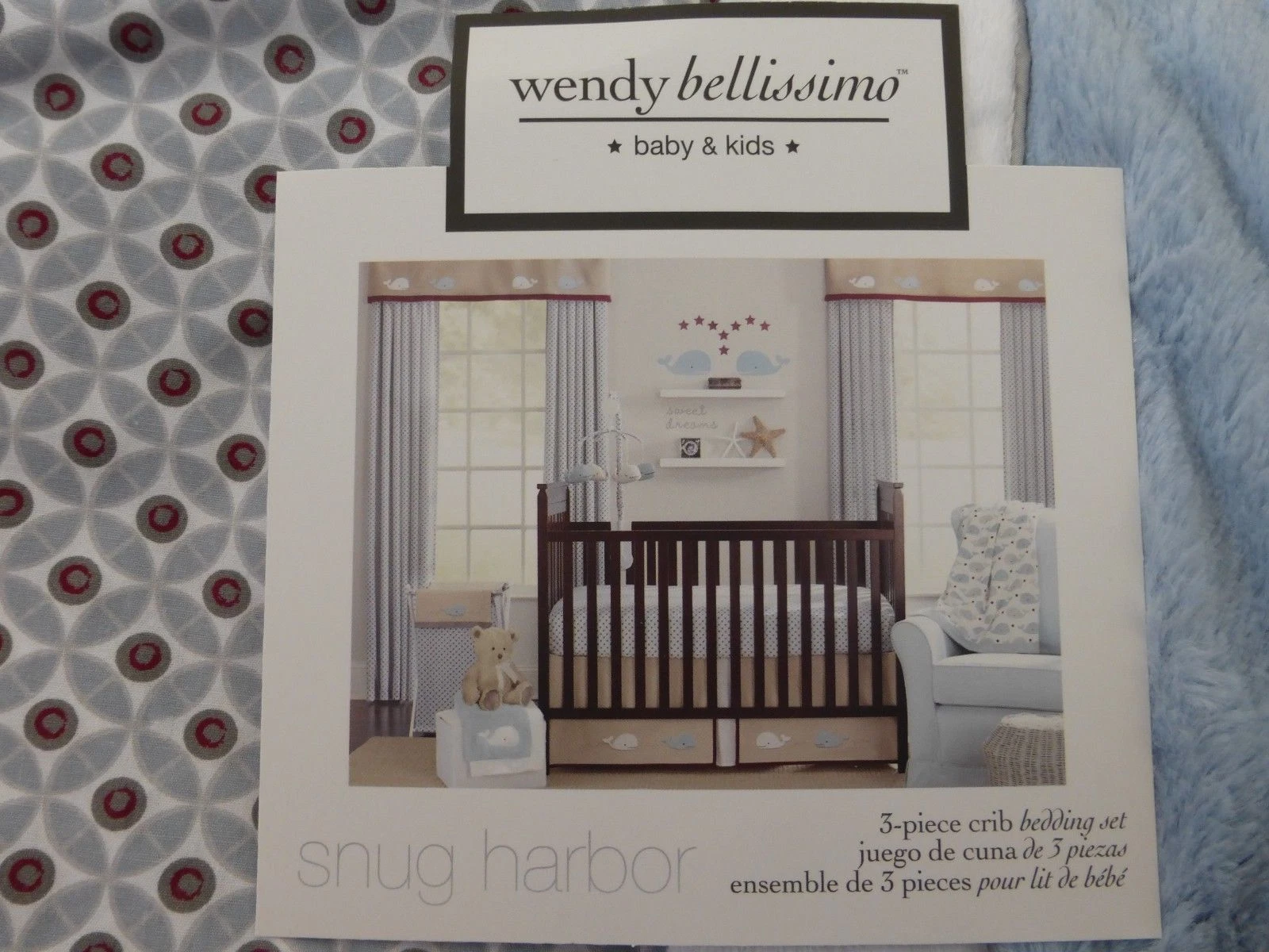 3 pcs Wendy Bellissimo SNUG HARBOR Nursery Crib Bedding Set - Blue, Brown, White