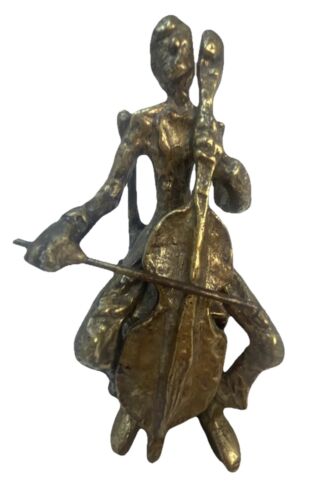 Brass Cello Player Mid-Century Modern Brutalist Sculpture Musician Figurine - Picture 5 of 10