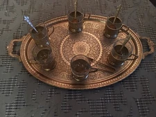 Islamic Persian Design 24 KT Gold Plated Tea Set Tea Glasses Tray Spoons 