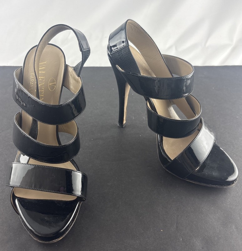 Valentino Black Patent Leather Strappy Stiletto Heel Size 7 US 37 EU