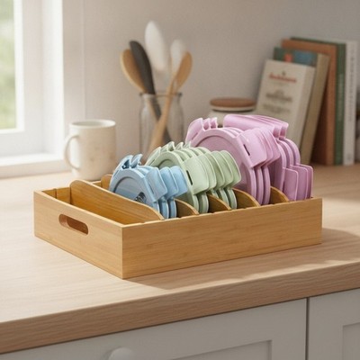 Bamboo Lid Holder Food Container, Kitchen Organizer with 5 Adjustable Divider...