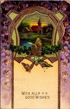 Vintage 1915 Embossed Postcard With Church  Butterflies Design