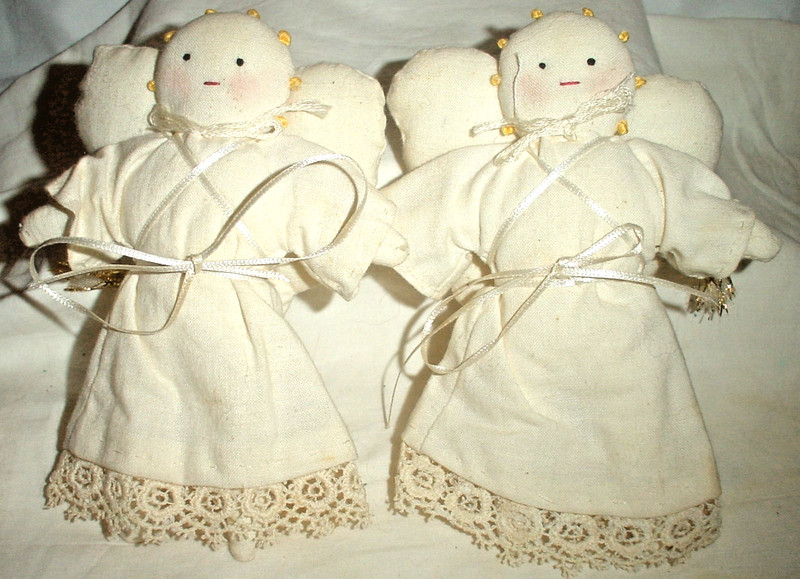 2 HANDMADE WHITE FABRIC CHRISTMAS ANGEL DOLL ORNAMENTS LACE TRIM 5.5"