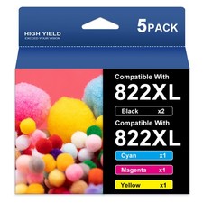 5 Pack 822XL T822 Black Color Ink for Epson WorkForce WF-4834 WF-4820 WF-3841
