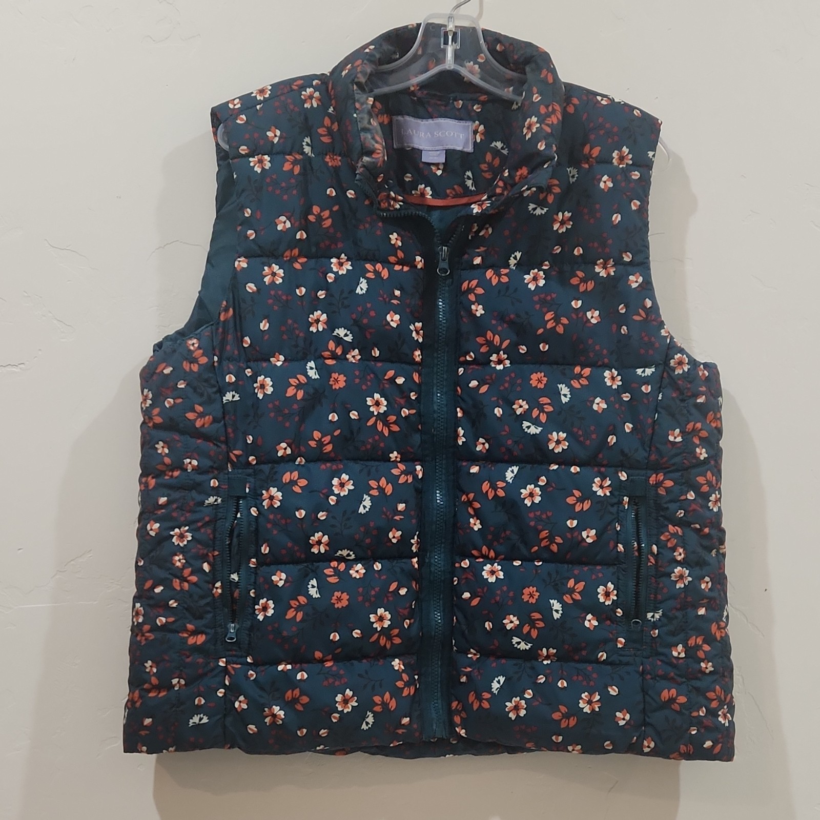 Laura Scott XL Floral Quilted Sleeveless Zip Puffer Vest Dark Blue Orange Women