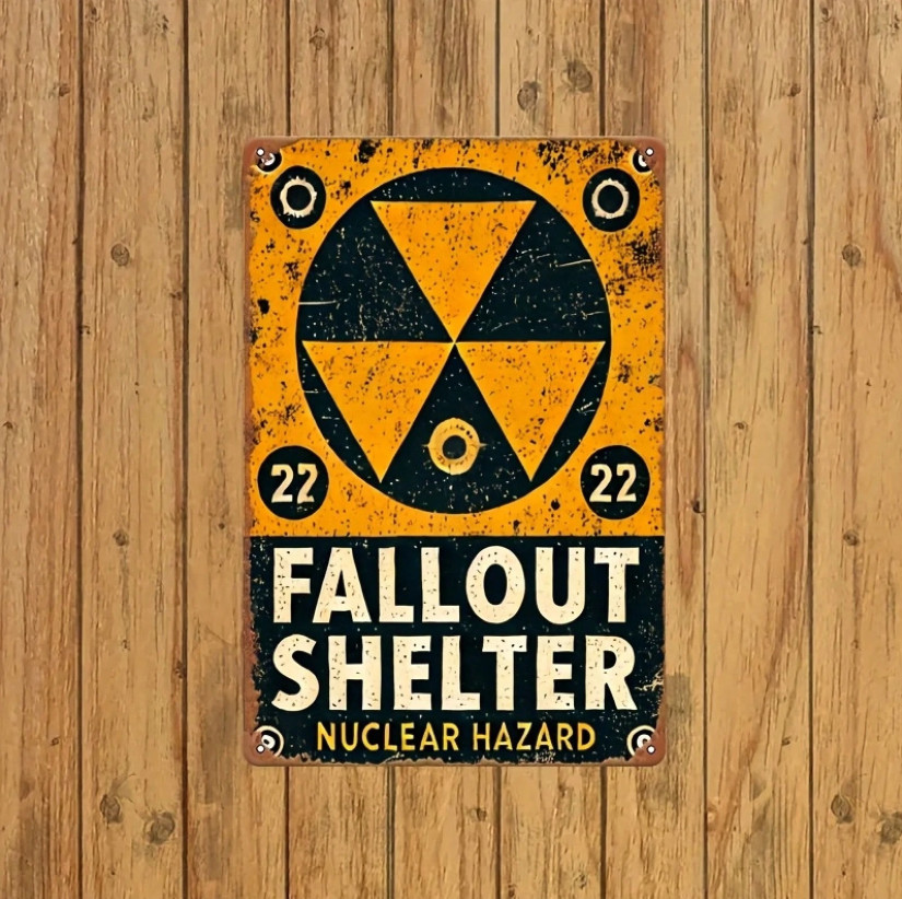 2D Flat Vintage Nuclear Fallout Shelter Sign - Metal Tin Wall Art With Radiation