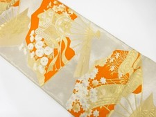 7532452: JAPANESE KIMONO / ANTIQUE FUKURO OBI / SILK / WOVEN CARRIAGE FLOWER