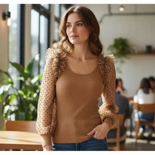 Dolan Anthropologie Womens Sweater M Beige Ribbed Sheer Dot Whimsical Fairy