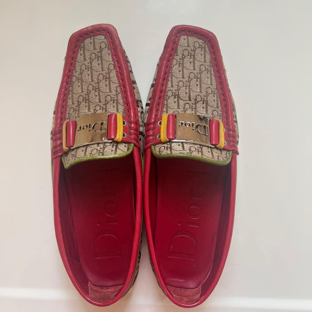 Dior Loafers Red Beige Canvas Leather Size 23cm with Metal Buckle