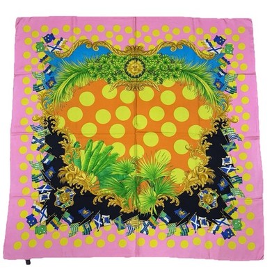 VERSACE 1990er PINK GELB SCHWARZ BEDRUCKTES LOGO RIESIG QUADRATISCH 100 % SEIDE SCHAL