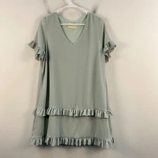Bella Ella Womens Medium Dress Green Ruffle Stretch Short Sleeve Mini 19208