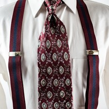 ENGLAND Burgundy Navy Blue Striped Elastic Men Clip Suspenders Adult One Size