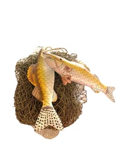 Stringer Fishing Net 2 Wooden Fish Painted 9' x 30" Long Cabin Decor Folk Art