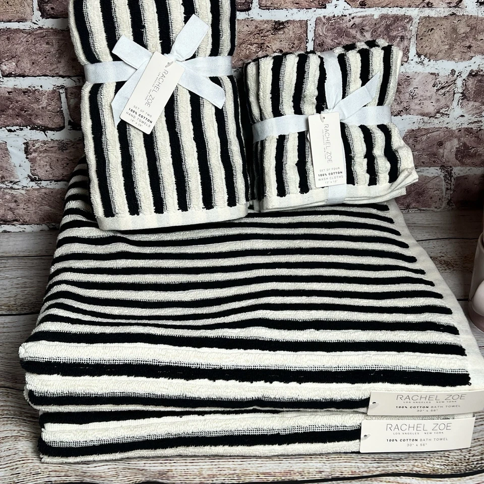 Rachel Zoe 8 шт набор Nlack и белая полоса печати ванны вручную полотенца мочалки новый с Ярлыками - Изображение 2 из 4