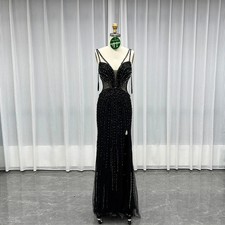 Fashion Black Crystals Long Evening Dresses Mermaid Straps Formal Party Gown