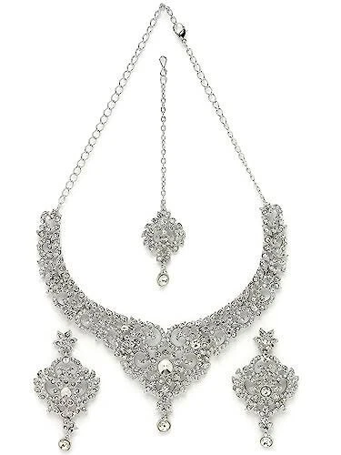 Rhodium Plated Silver AD Stones Collar Bone Necklace Set Earring Kundan Jewelry Foto 2 de 4