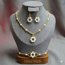 Handmade Gold White Beaded Jewellery Set Necklace Earrings Bracelet