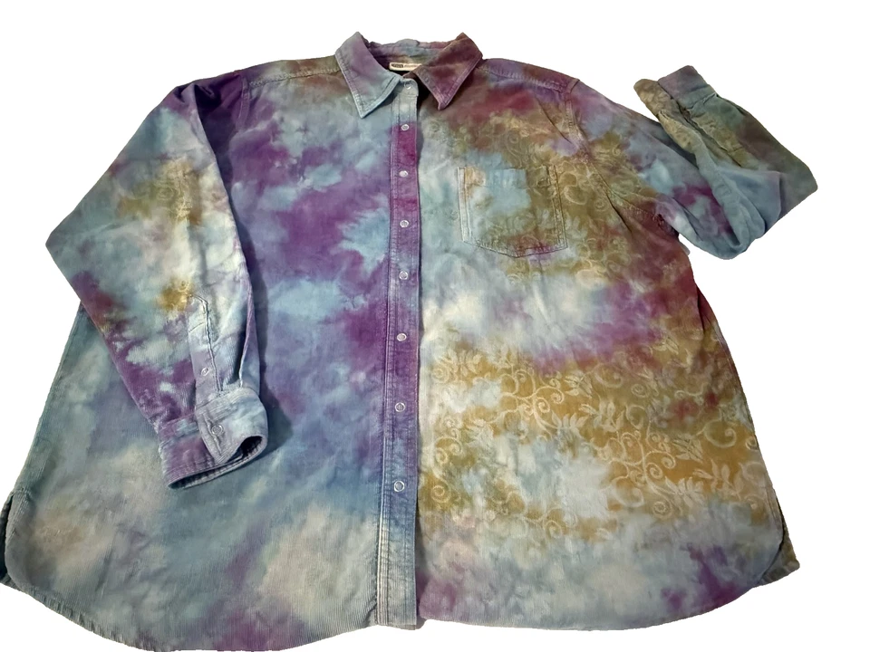 Camisa a Presión de Pana Tie Dye 3XL para Mujer Bolsillo Desteñido Gloria-Azul Púrpura 22w/24w Foto 3 de 4