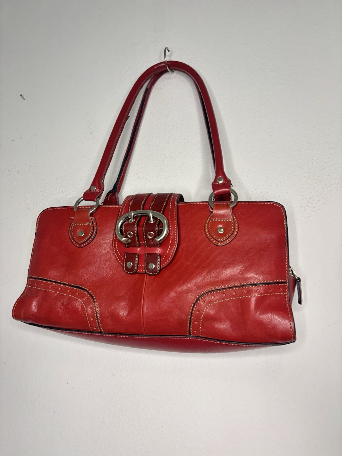 Vintage Red Leather & Silver Y2K Fall Shoulder Bag