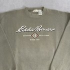 Gray vintage Eddie Bauer sweatshirt size L with white “Outdoor Hip Hop USA Made 90s” text and Eddie Bauer logo on chest.
