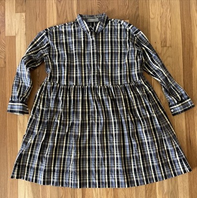 Everlane The Field Dress Babydoll Plaid Long Sleeve Brown Blue Size XS