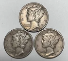 1943, 1943-D and 1943-S 10C Mercury Dimes Toned 90% Silver