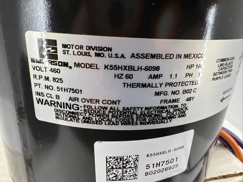 EMERSON LENNOX 51H7501 CONDENCER FAN MOTOR 1/4 HP, 460 V, 60 HZ, 825 RPM HVAC - Picture 5 of 9