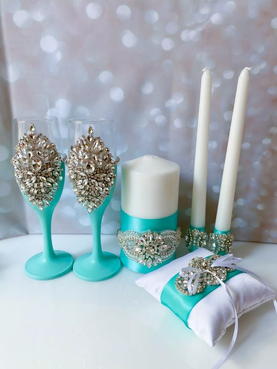 Turquoise Tiffany Blue Wedding Crystal Set Unity Candle Toasting Flutes Ring