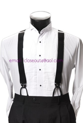 Leather End Stretch Elastic Button-On Suspenders Formal Solid Black Braces - Afbeelding 1 van 1