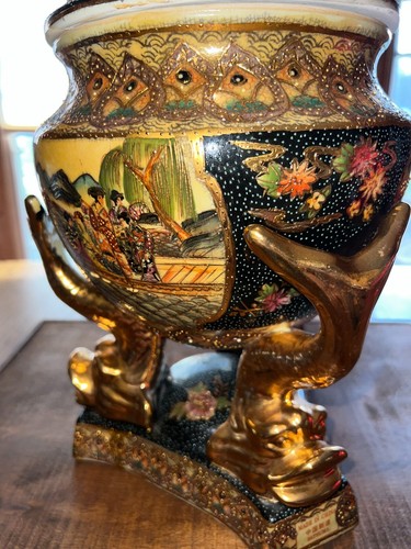 Vintage SATSUMA Footed Pedestal Vase Asian Urn Ornate KOI fish Footed With Lid - Picture 3 of 24