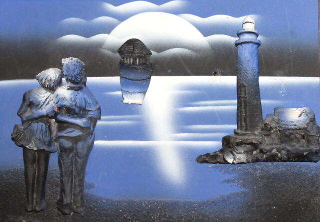 Vintage gouache painting collage pottery sunset seascape lighthouse couple Vintage gouache painting collage pottery sunset seascape lighthouse couple