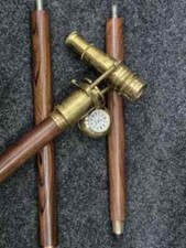 Victorian Brass Telescope Clock On Top Spyglass Handle Wooden Walking Stick Cane