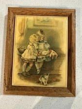 Sweet Vintage 1970’s Framed Art Tile Featuring Two Girls And A Kitty Cat