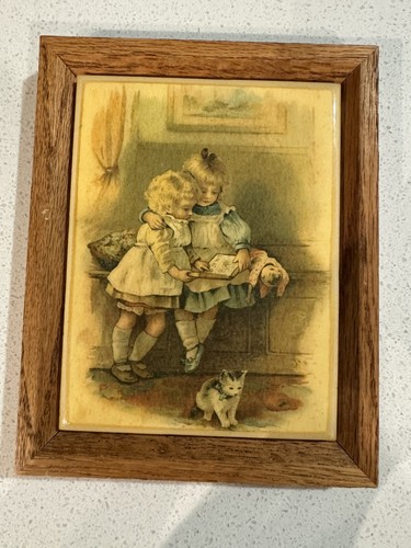 Sweet Vintage 1970’s Framed Art Tile Featuring Two Girls And A Kitty Cat